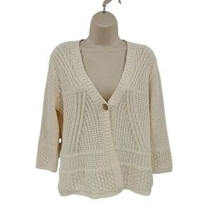J Jill Sweater Womens S Tall White Open Knit Cardigan Button Up Preppy Cabincore